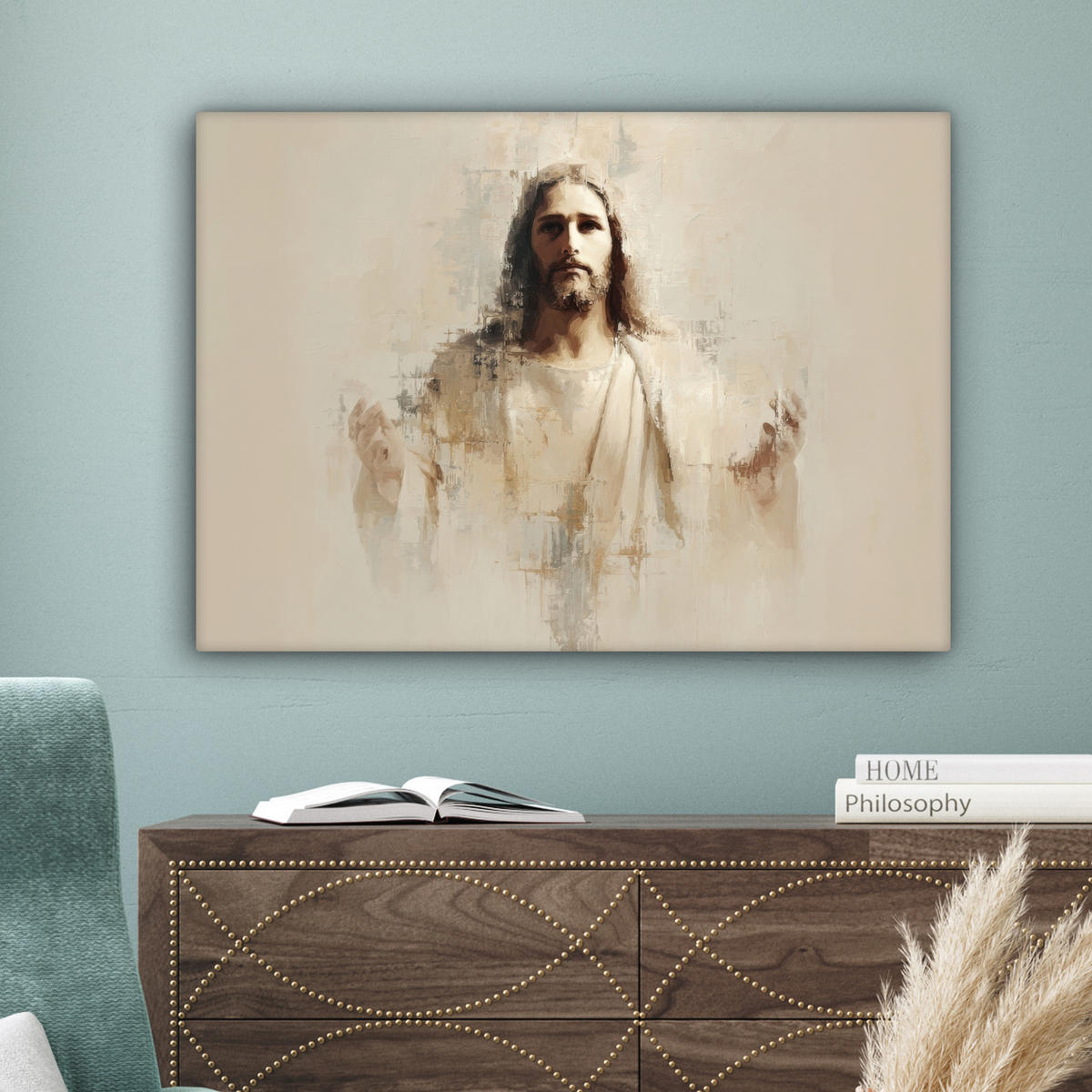 LEINWANDBILD Porträt - Abstrakt - Jesus - Beige Wandbilder 80x60 cm - Beige, Textil (80/60cm) - MuchoWow