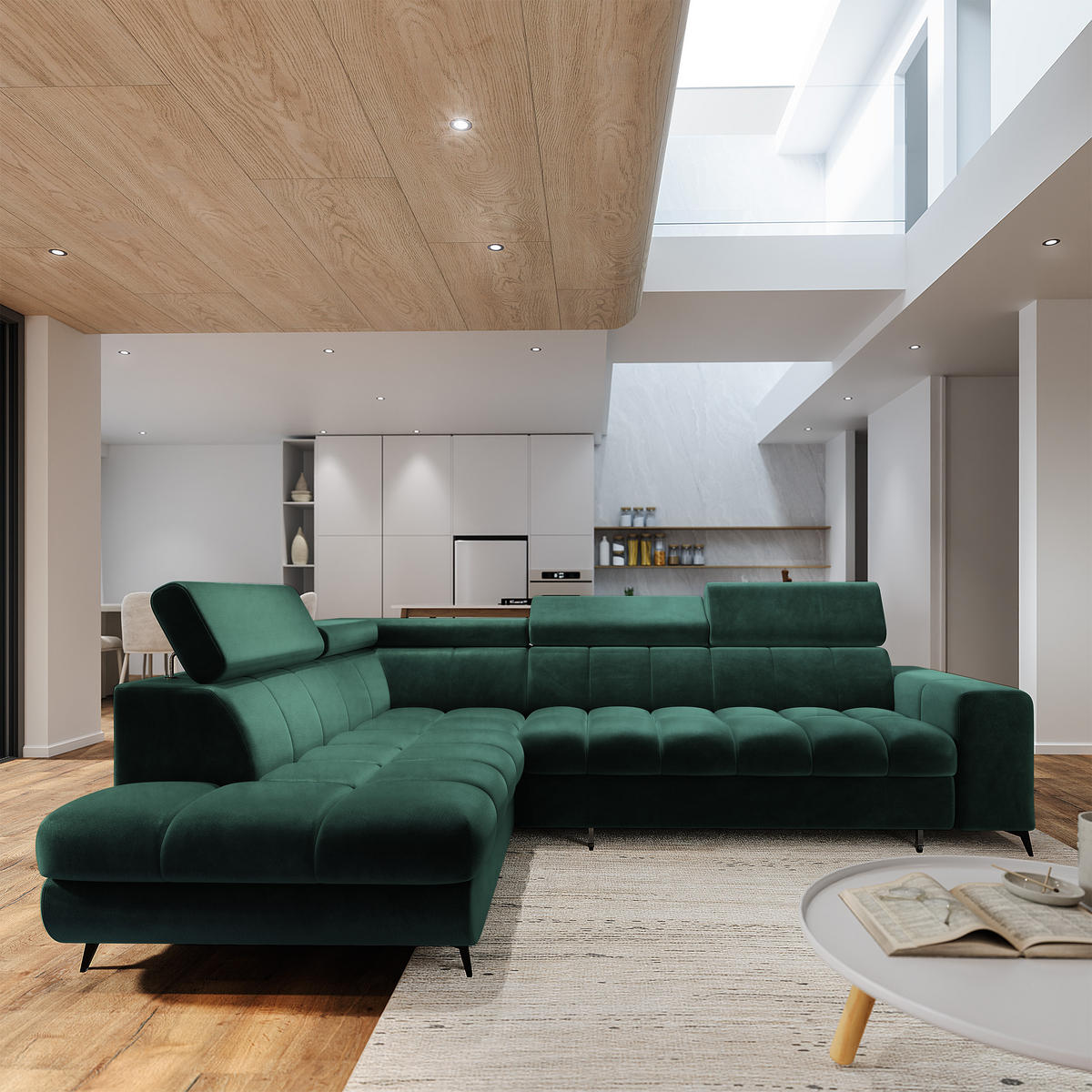 ECKSOFA MORIVA L-S Grün Velours-Stoff mit Schlaffunktion - Grün, Holz (253/190cm) - MASSENO