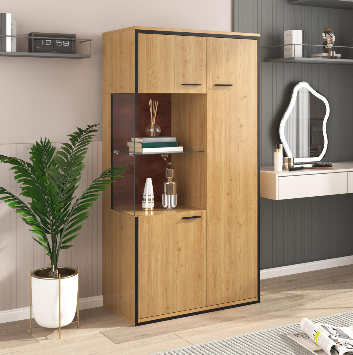 VITRINE 77,5/40/150 cm aus MDF mit LED-Beleuchtung und verstellbaren Glasregalen Natur - Naturfarben, Holzwerkstoff (77.5/150/40cm) - Modenvie