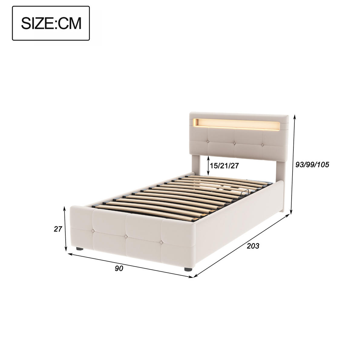 POLSTERBETT 90/200 cm beige mit LED-Beleuchtung und hydraulischem Stauraum - Beige, Textil (90/200cm) - OKWISH