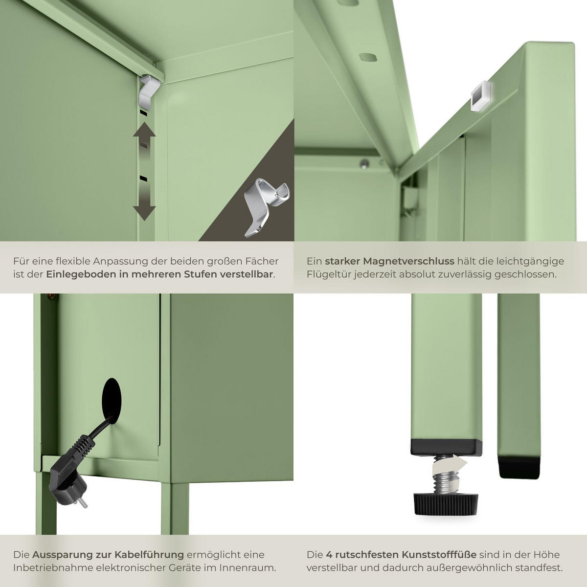 NACHTSCHRANK Baker, Kippschutz, höhenverstellbare Füße, salbeigrün - Salbeigrün, Metall (35/60.5/42.5cm) - tectake