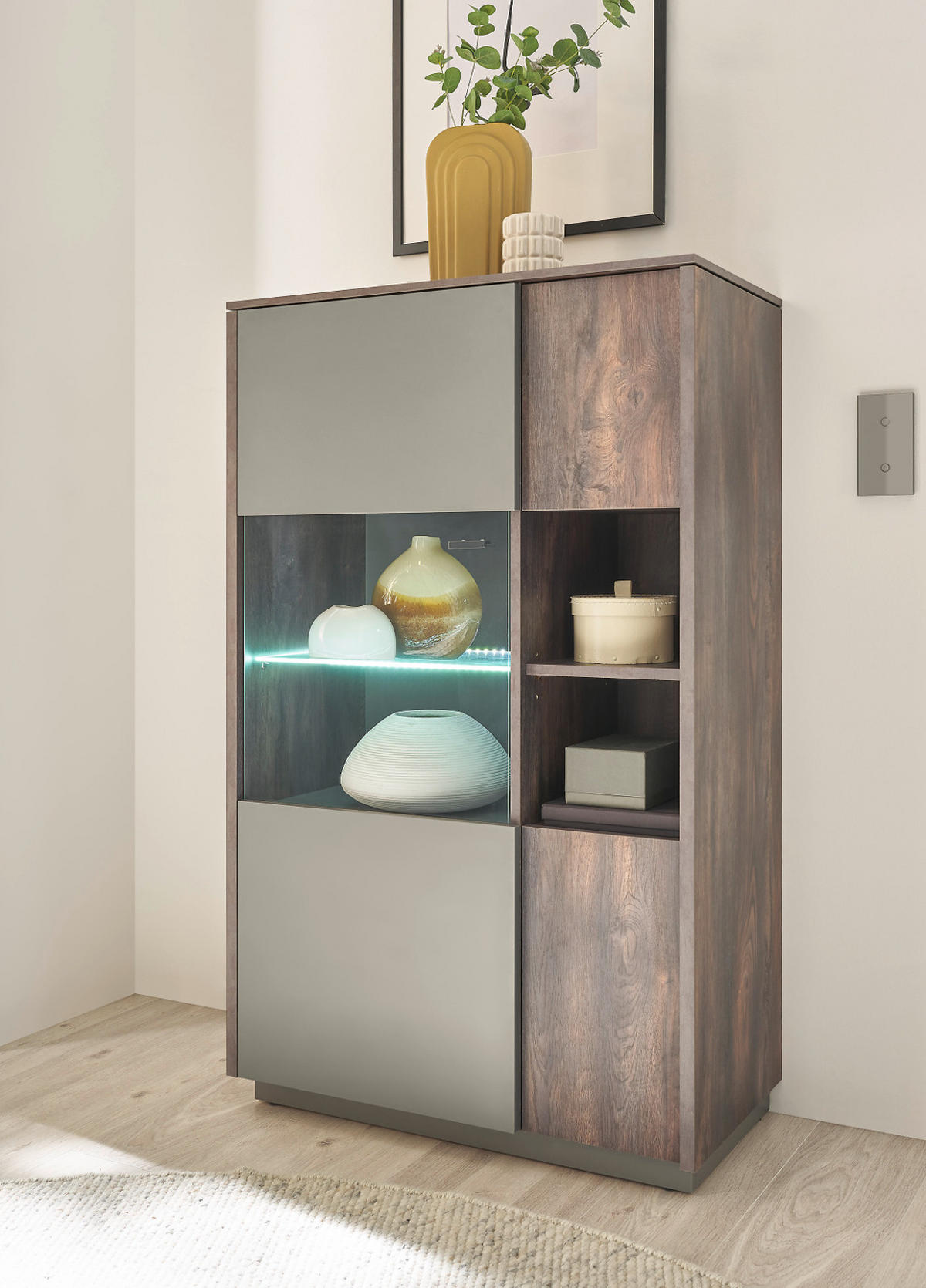 VITRINE Piano in Eiche und grau 80 x 130 cm - Schwarz/Naturfarben, Glas/Holzwerkstoff (80/130/40cm) - Furn.Design