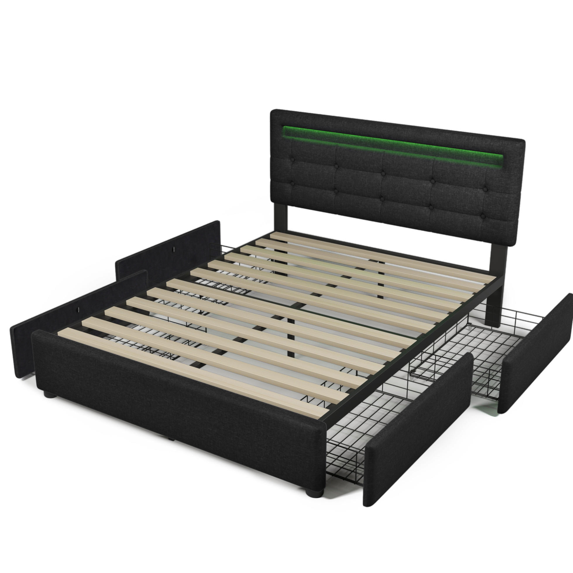 BETT mit LED und 4 Schubladen 140x200 cm Leinen Schwarz inkl. Matratze - Schwarz, Metall (140/200cm) - Meubliv