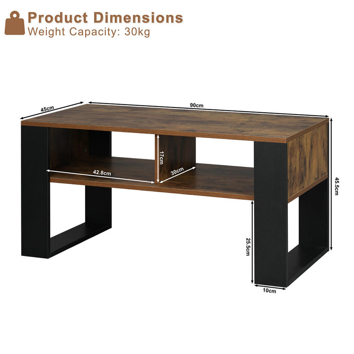 COUCHTISCH 90/45/45 cm Stauraum 2 Fächer Vintage Holz modern - Braun, Holz (45/90/45cm) - Kaket