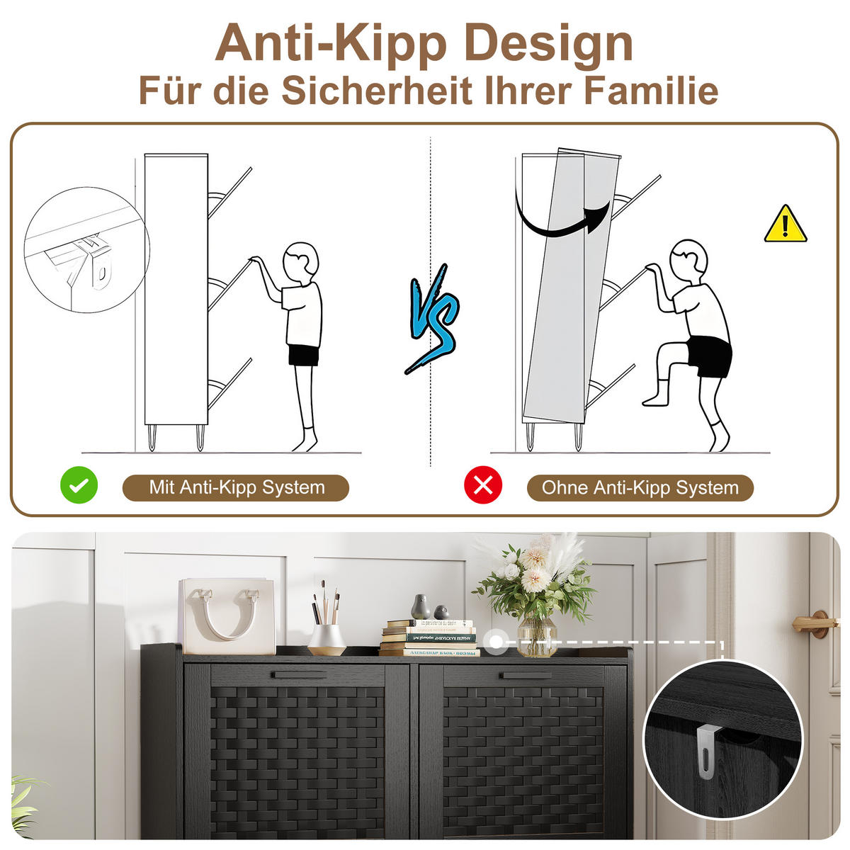 SCHUHSCHRANK 100cm schwarz mit 4 Klappfächern & Rattan-Imitation - Schwarz, Holz (24/95/100cm) - SHOPENTRA