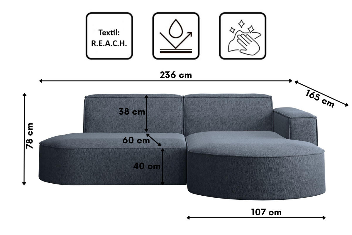ECKSOFA MODENA L STUDIO Stoff Verita Marineblau Rechts - Dunkelblau, Holz (236/165cm) - Kaiser Möbel