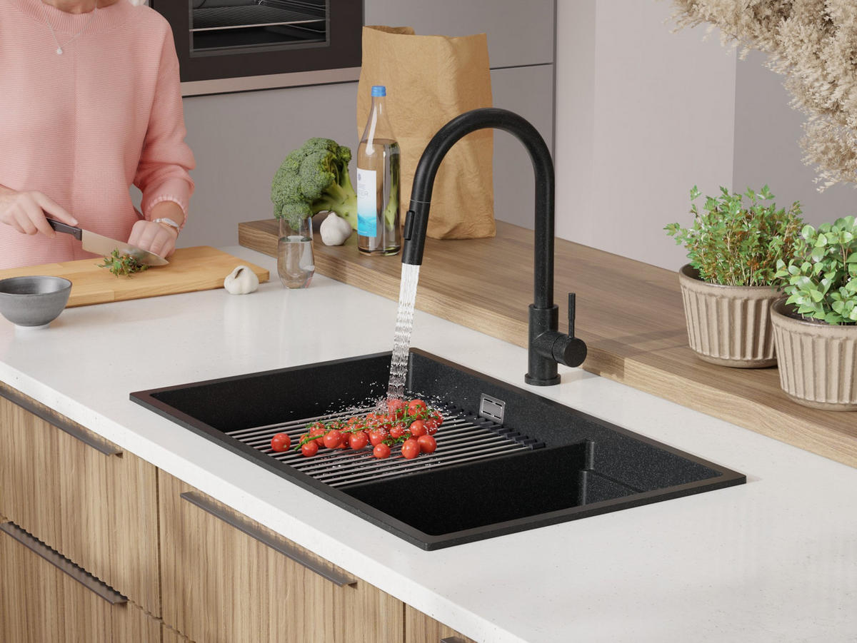 SPÜLBECKEN Praga Slim Duo, 2-er set Anthrazit 76/47 cm 2 Becken + Ablauf-Set + Aufrollbare Abtropffläche ab 80er Unterschrank - Chromfarben/Anthrazit, Kunststoff (76/20/47cm) - Primagran