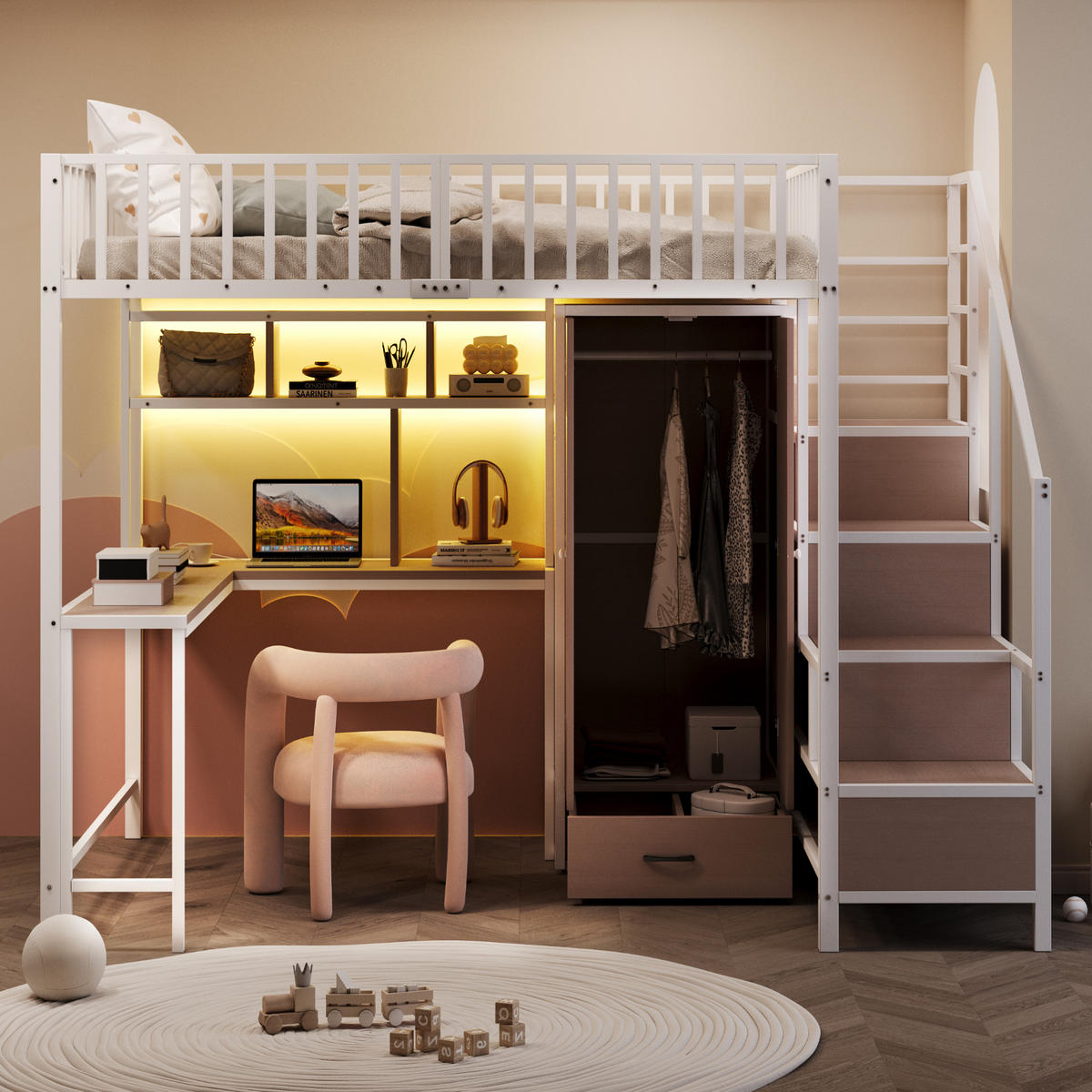 HOCHBETT 140/200 cm aus Metall/MDF mit Schreibtisch, Kleiderschrank und LED-Beleuchtung Weiß - Weiß, Metall (140/200cm) - Modenvie
