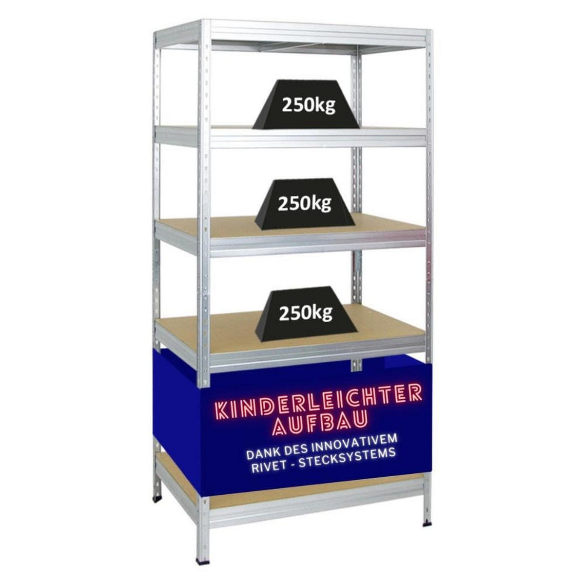 SCHWERLASTREGAL Rivet 180x90x60 cm Fachlast 250 kg Innovatives Stecksystem Verzinkt - Silberfarben, Metall (90/180/60cm) - PROREGAL