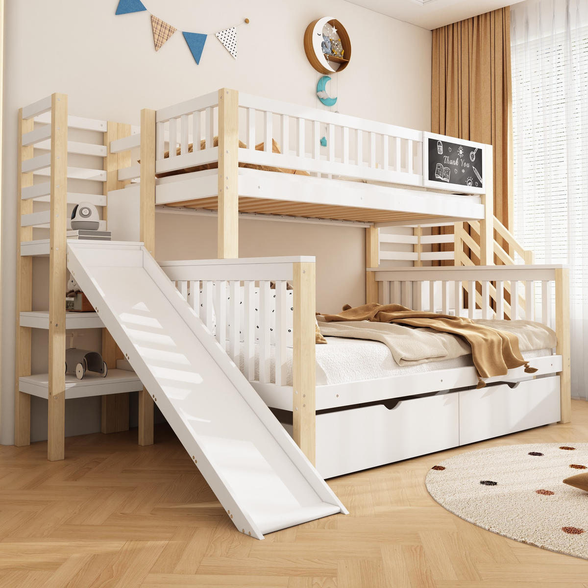 ETAGENBETT 90/200 & 140/200 cm aus massivem Kiefernholz mit Rutsche, Treppe, Stauraum und Tafel, Weiß/Natur - Weiß, Holz (140/200cm) - Redom