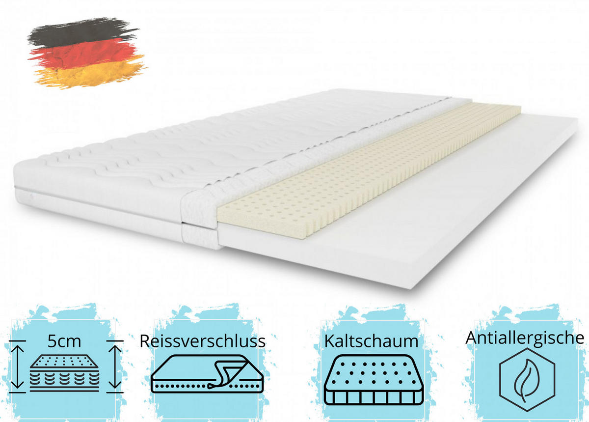 MATRATZENTOPPER TOP5, Latexauflage Größe: 120x200x5, Frabe: Weiß, mittelhart: H3 - Weiß, Textil (120/200cm) - Marpur