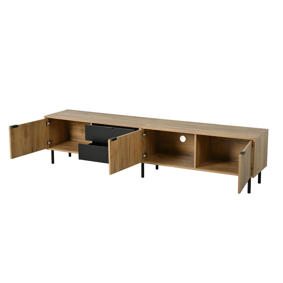 TV-BANK Schwarz/Natur 208/40/48 cm, Soft-Close, Kabelmanagement, 2 Schubladen - Schwarz, Holzwerkstoff (208/48/40cm) - PANGIVO