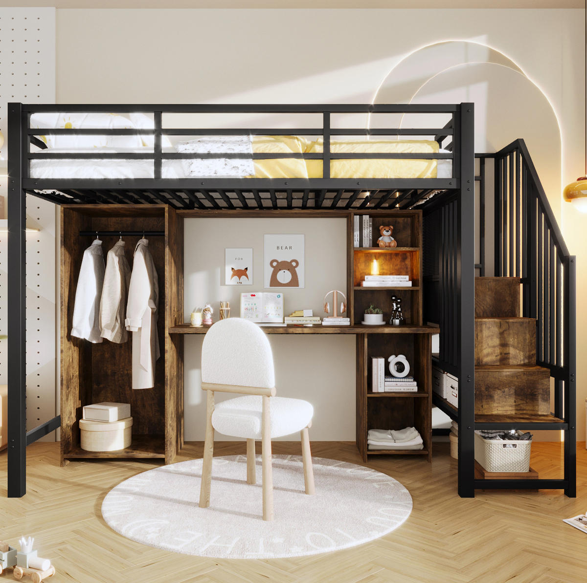 HOCHBETT 90/200 cm in Schwarz mit Kleiderschrank, Schreibtisch und Stauraum - Schwarz, Metall (90/200cm) - Flora Grace