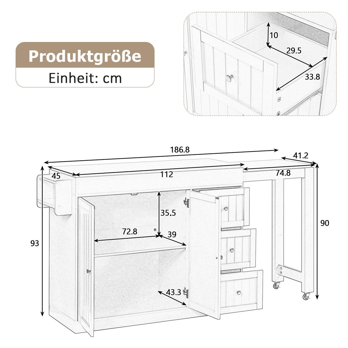 KÜCHENINSEL aus MDF 112-186,8x45x93 cm Schwarz mit ausziehbarer Arbeitsplatte, 3 Schubladen und Gewürzregal - Schwarz, Holzwerkstoff (130/93/45cm) - Modfu