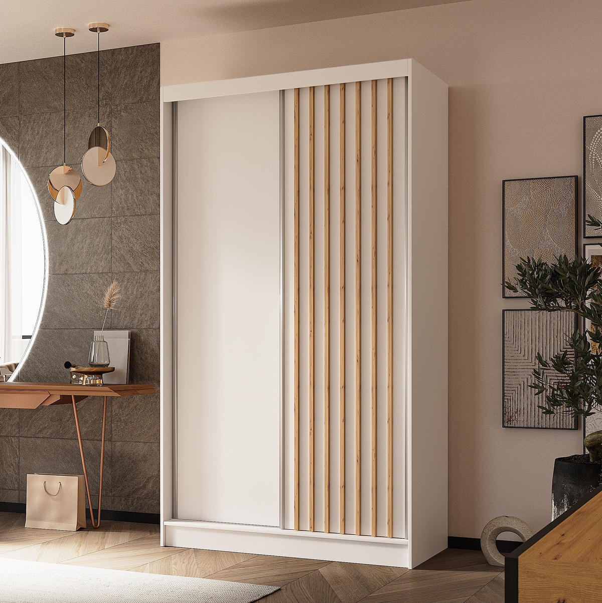 SCHWEBETÜRENSCHRANK Cabinio Weiß Eiche Artisan 120/216/61 cm – Modern, mit Lamellen - Walnussfarben/Weiß, Holzwerkstoff/Kunststoff (120/216.1/61cm) - AX Living