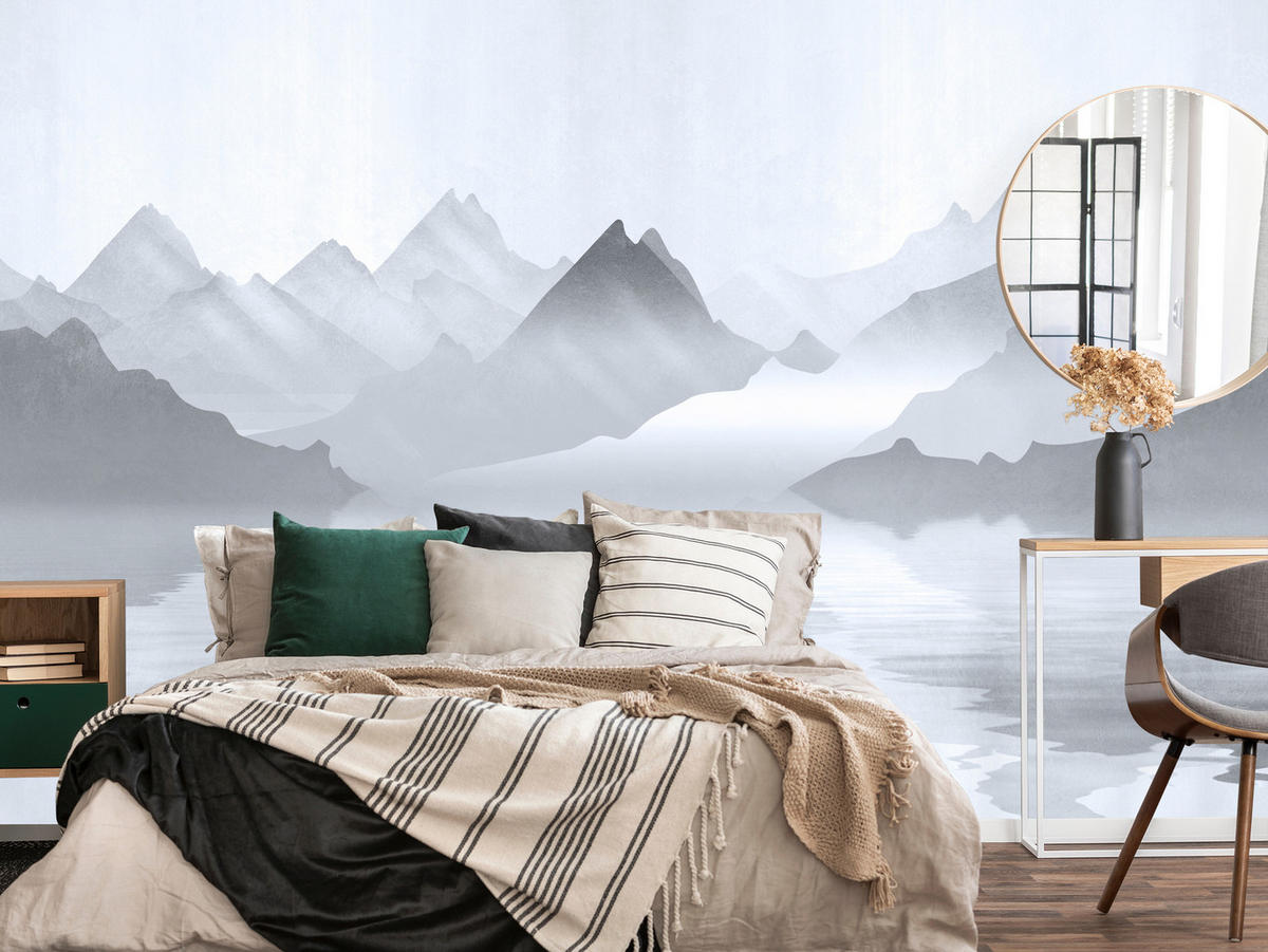 FOTOTAPETE für Wohnzimmer Aquarell Graue Berge See 400x280 - Weiß/Grau, Papier (400/280cm) - Muralo