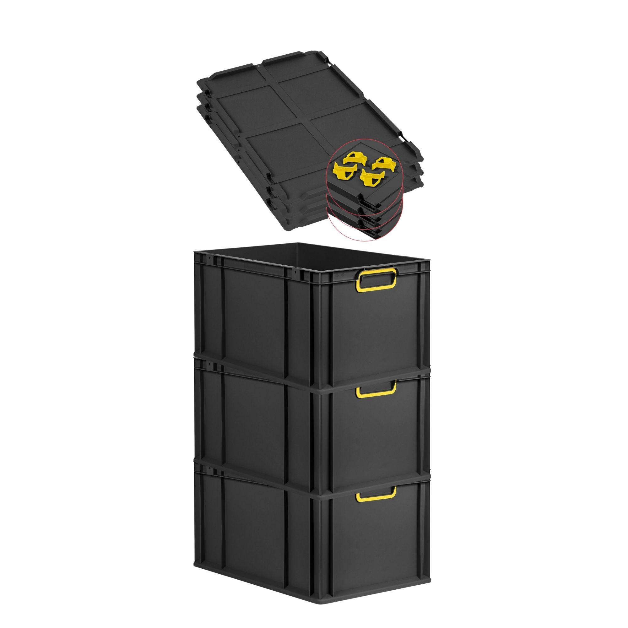 EUROBOX 3x NextGen Color mit Auflagedeckel 32x40x60 cm 65 Liter Schwarz Griffe gelb zu - Gelb/Schwarz, Kunststoff (40/32/60cm) - PROREGAL