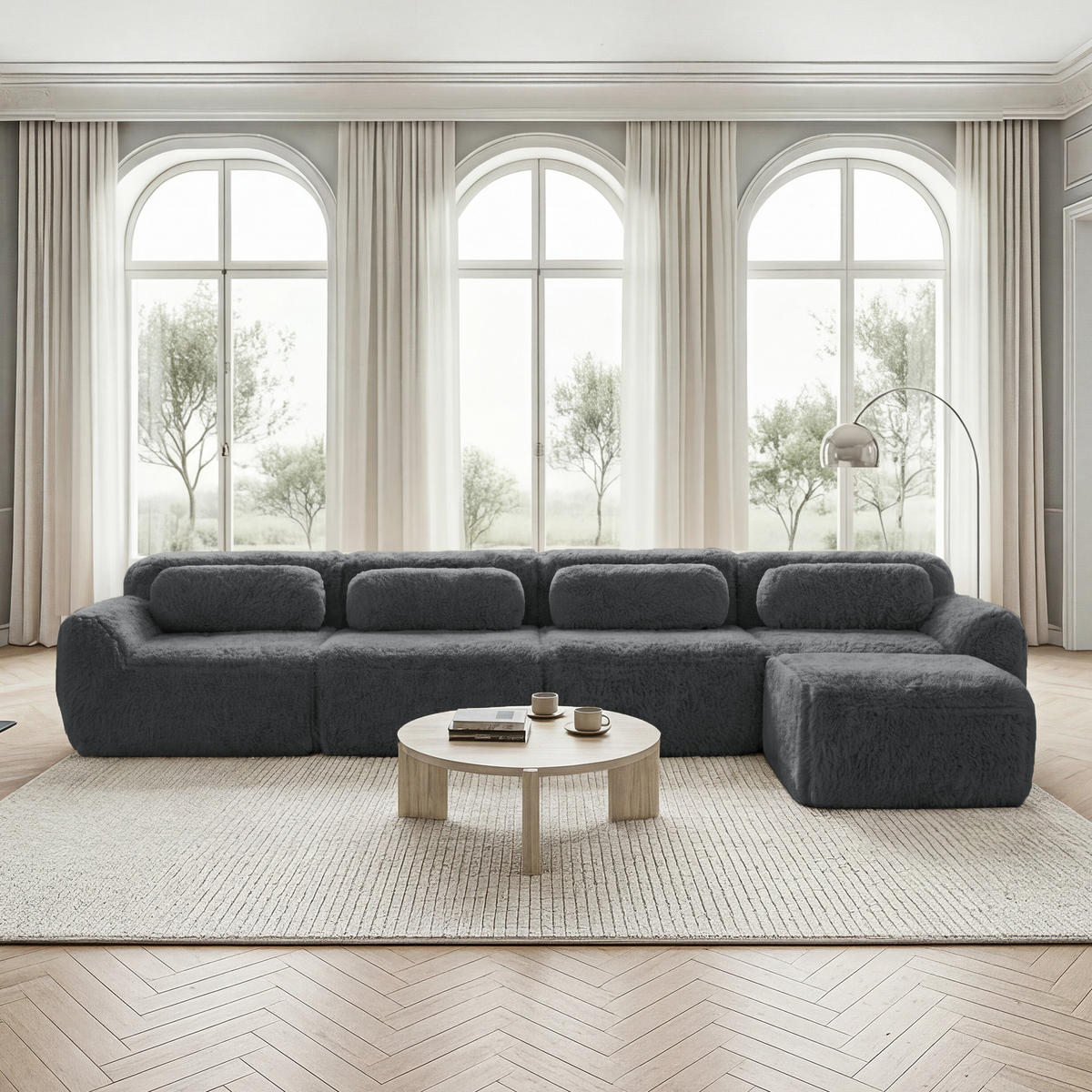 4-SITZER ECKSOFA Plüsch Grau mit Kissen - Grau, Textil (378/179cm) - WISHDOR