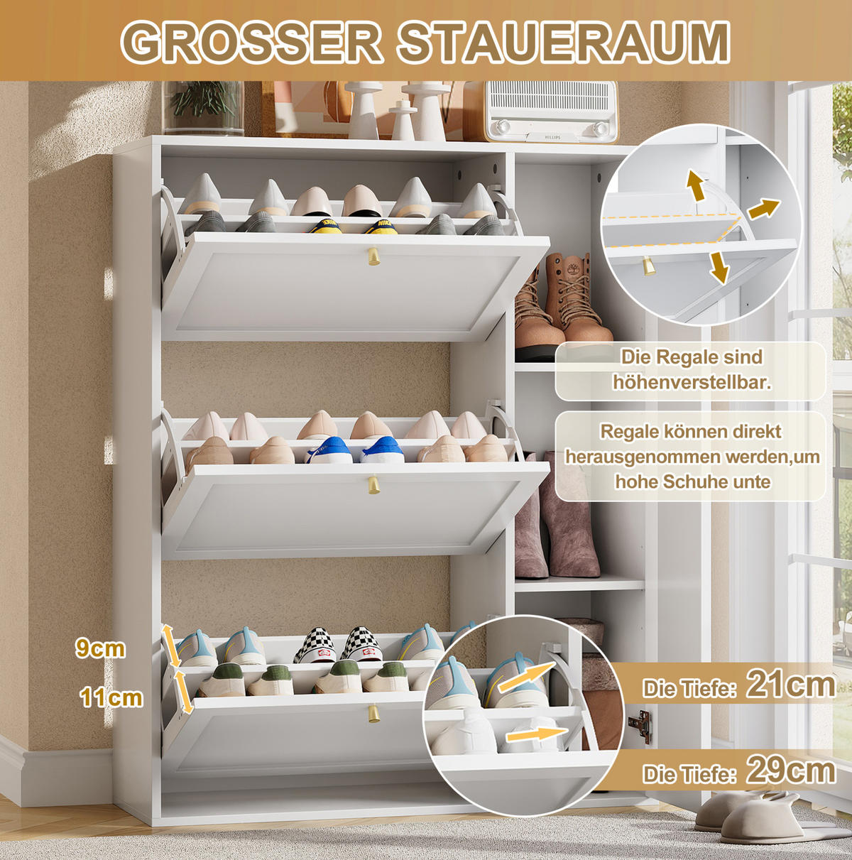SCHUHSCHRANK aus MDF & Spanplatte 90x25x114cm in Weiß mit 3 Klappen & 1 Tür - Weiß, Holzwerkstoff (90/114/25cm) - Modfu