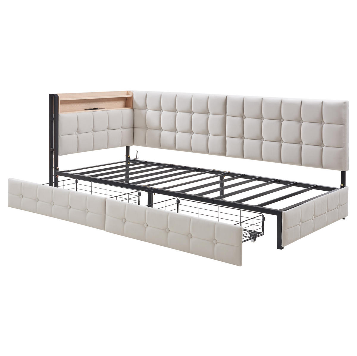 POLSTERBETT 90/200 cm in Beige mit 2 Schubladen und LED-Beleuchtung - Beige, Textil (90/200cm) - Flora Grace