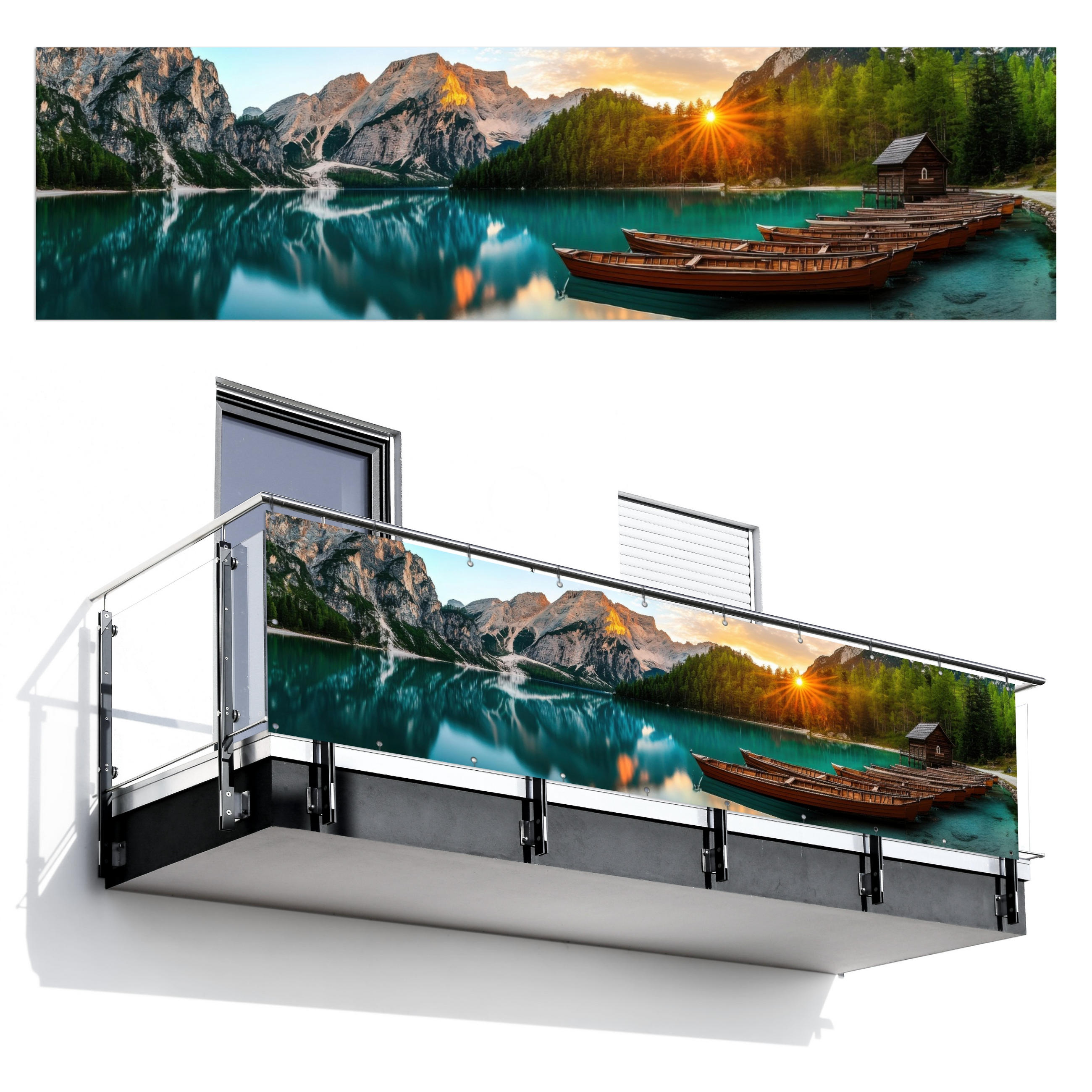 MuchoWow BALKONOVÁ ZÁSTĚNA Jezero - Hory - Západ slunce - Loď 300x85 cm