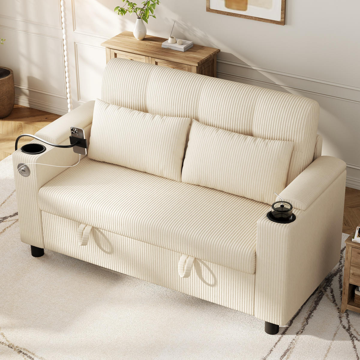 SOFA 2-Sitzer Beige mit Stauraum und Ladeanschlüssen, Cord - Beige/Schwarz, Holzwerkstoff/Textil (136.5/83.6/79.5cm) - CHICFURN