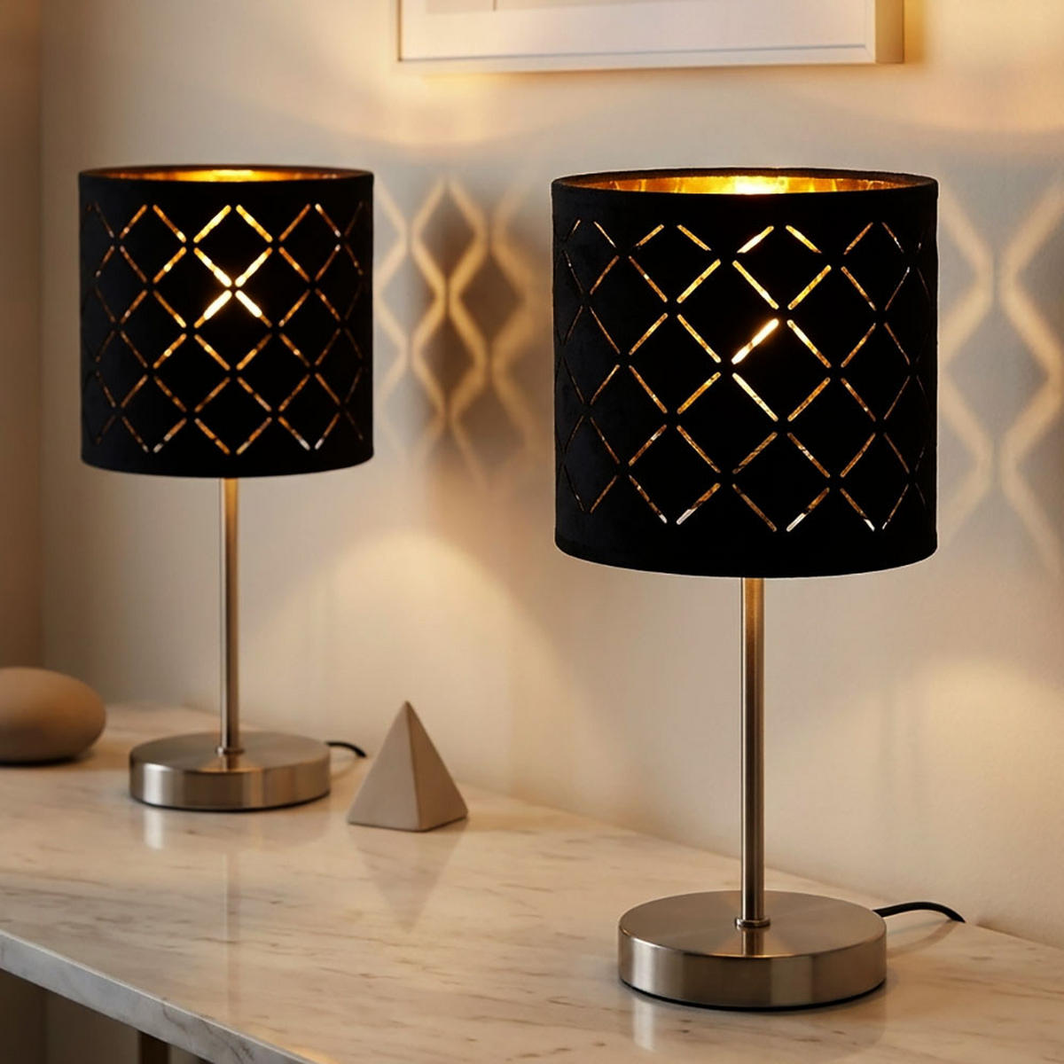 LED TISCHLEUCHTE Metall Textil Schwarz Gold 2er Set - Schwarz, Textil (15/15/35cm) - Globo Lighting