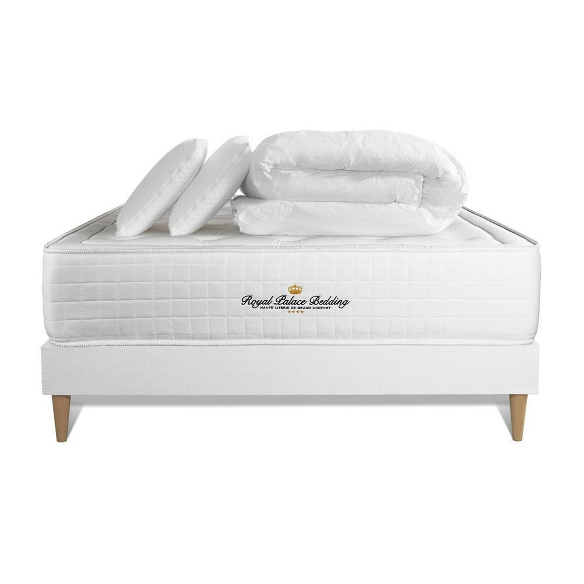 BETT Buckingham Memory-Schaum 140 x 200 cm h1 - Kit Bettgestell Weiß - Mit Kissen und Bettdecke - Beige/Weiß, Holz/Textil (140/200cm) - ROYAL PALACE BEDDING