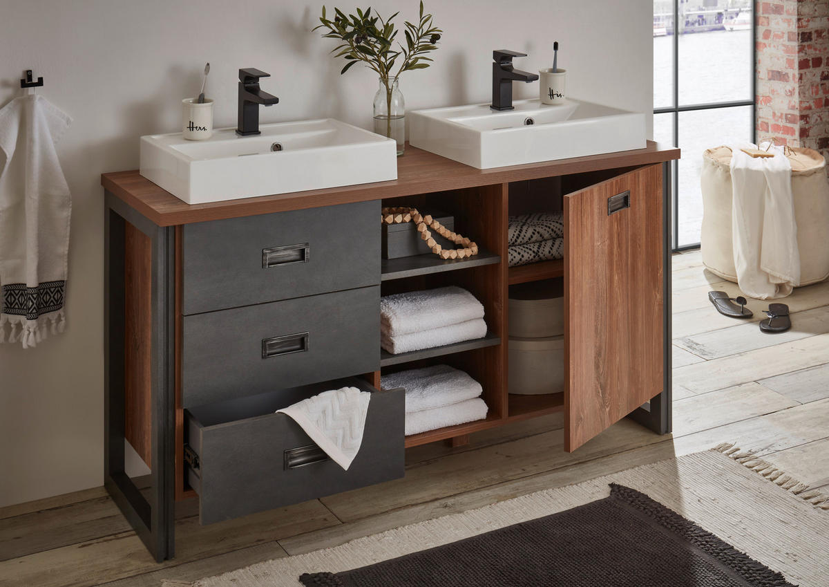 DOPPELWASCHTISCH I12 Stirling Oak & Matera 138/85/40 cm mit Waschbecken - Eichefarben, Holzwerkstoff (138/85/40cm) - Livojo