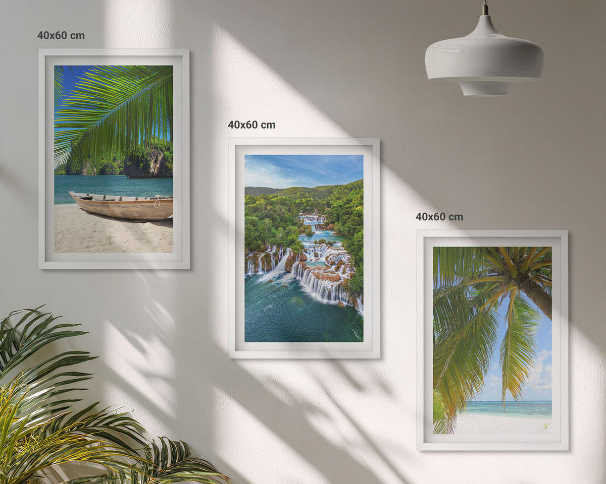 WANDBILDER 3er-Set - 40x60 cm Weißer Rahmen - Strand, Boot, Wasserfälle, Palmen - Weiß, Kunststoff (40/60cm) - ArtPrintCave