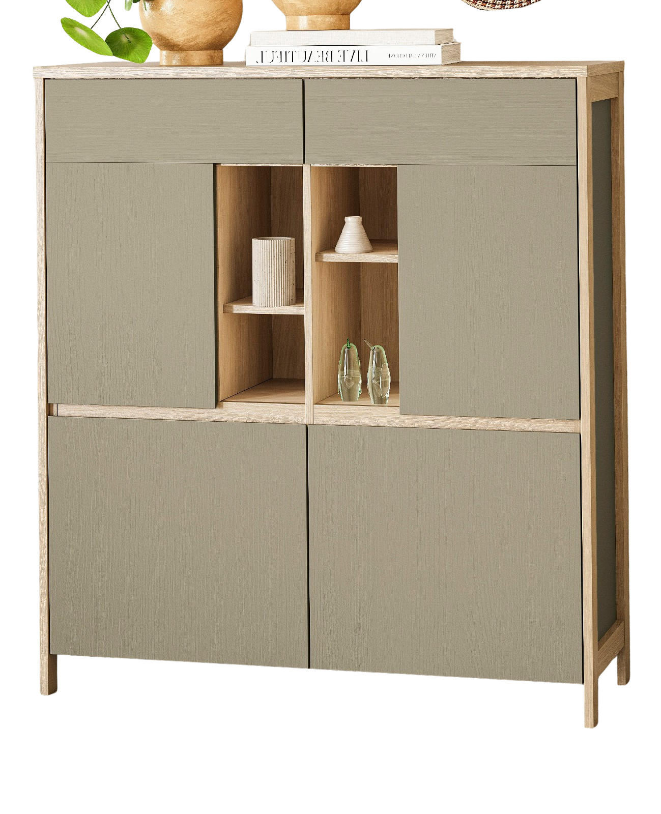 HIGHBOARD Salbei grün, Eiche 111 x 125 cm, Kommode skandinavisch mit Soft-Close - Salbeigrün/Eichefarben, Holzwerkstoff/Metall (111/125/39cm) - Furn.Design