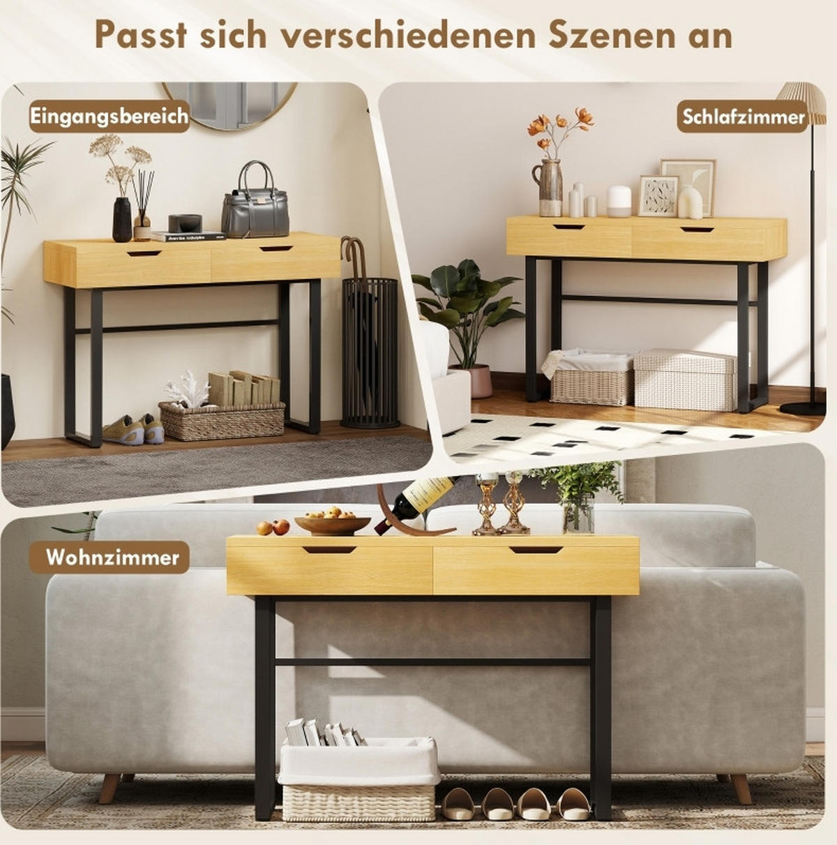 KONSOLENTISCH aus Holz und Metall 110x35x76,5 cm Natur mit 2 Schubladen und Metallrahmen - Naturfarben, Holz (35/110/76.5cm) - Modfu