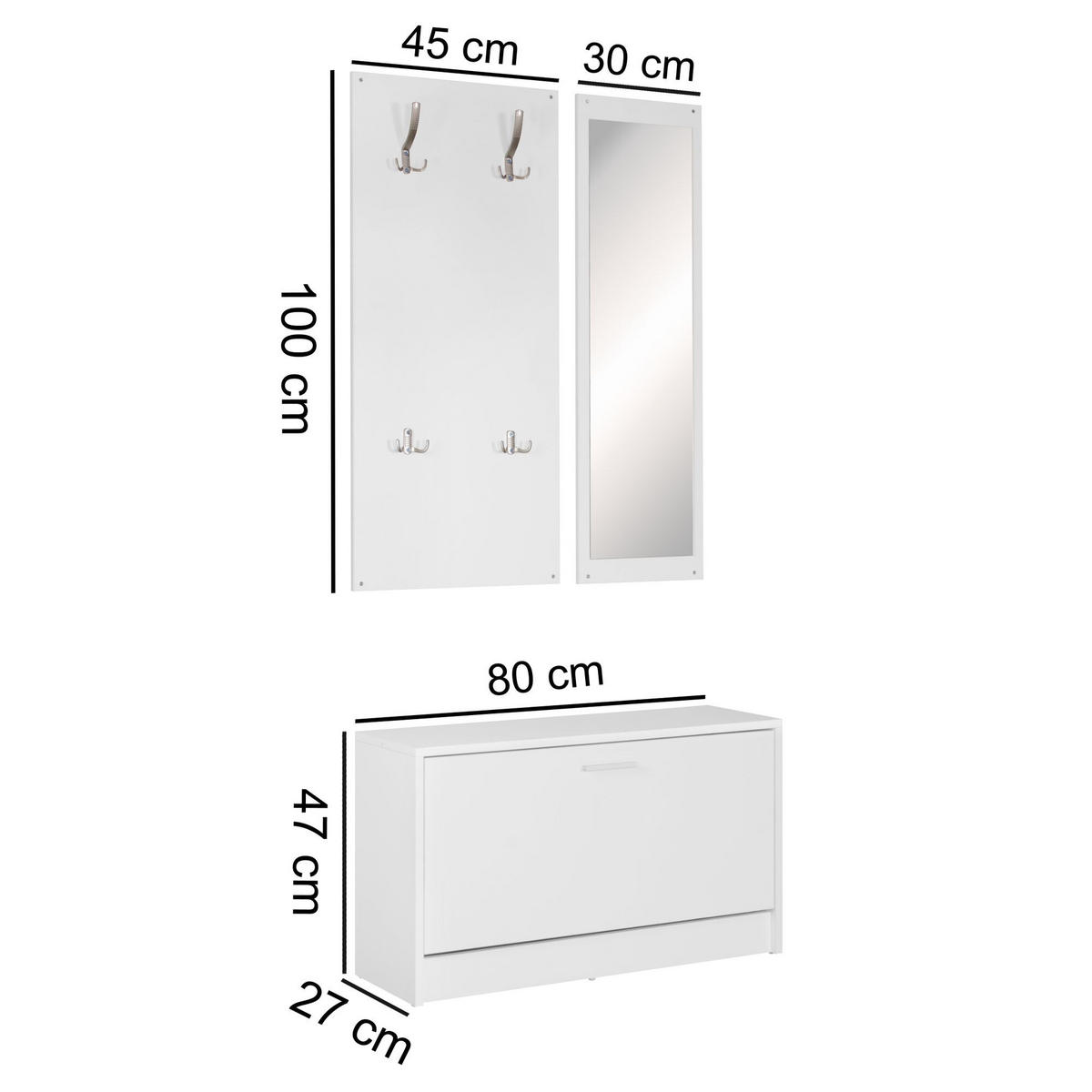 WANDGARDEROBE mit Spiegel, 10 Haken und Platz für 8 Paar Schuhe DELFT, Weiß 80x27x180 cm - Weiß, Holz (80/180/27cm) - KADIMA DESIGN