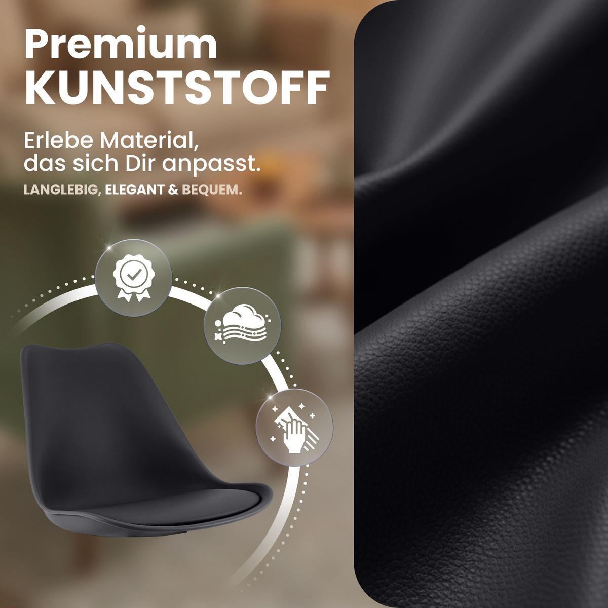STUHL 4er Set Kunststoff schwarz/schwarz - Eukalyptusholzfarben/Schwarz, Holz/Kunststoff (49/83/50cm) - CLP