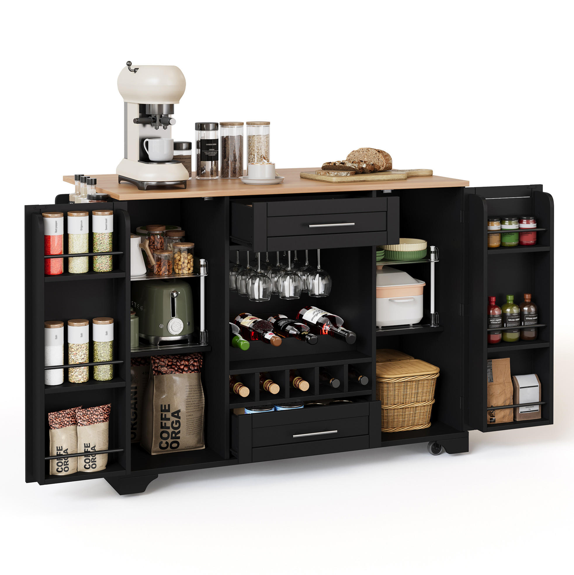 Redom KUCHYŇSKÝ ostrůvek 138/45(70)/92 cm s výklopnou pracovní deskou, úložným prostorem, vinotékou a kolečky, Černá a přírodní