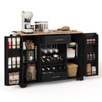 KÜCHENINSEL 138/45(70)/92 cm mit klappbarer Arbeitsplatte, Weinregal und Rollen, MDF, Schwarz/Natur - Schwarz, Holzwerkstoff (138/92/70cm) - Redom