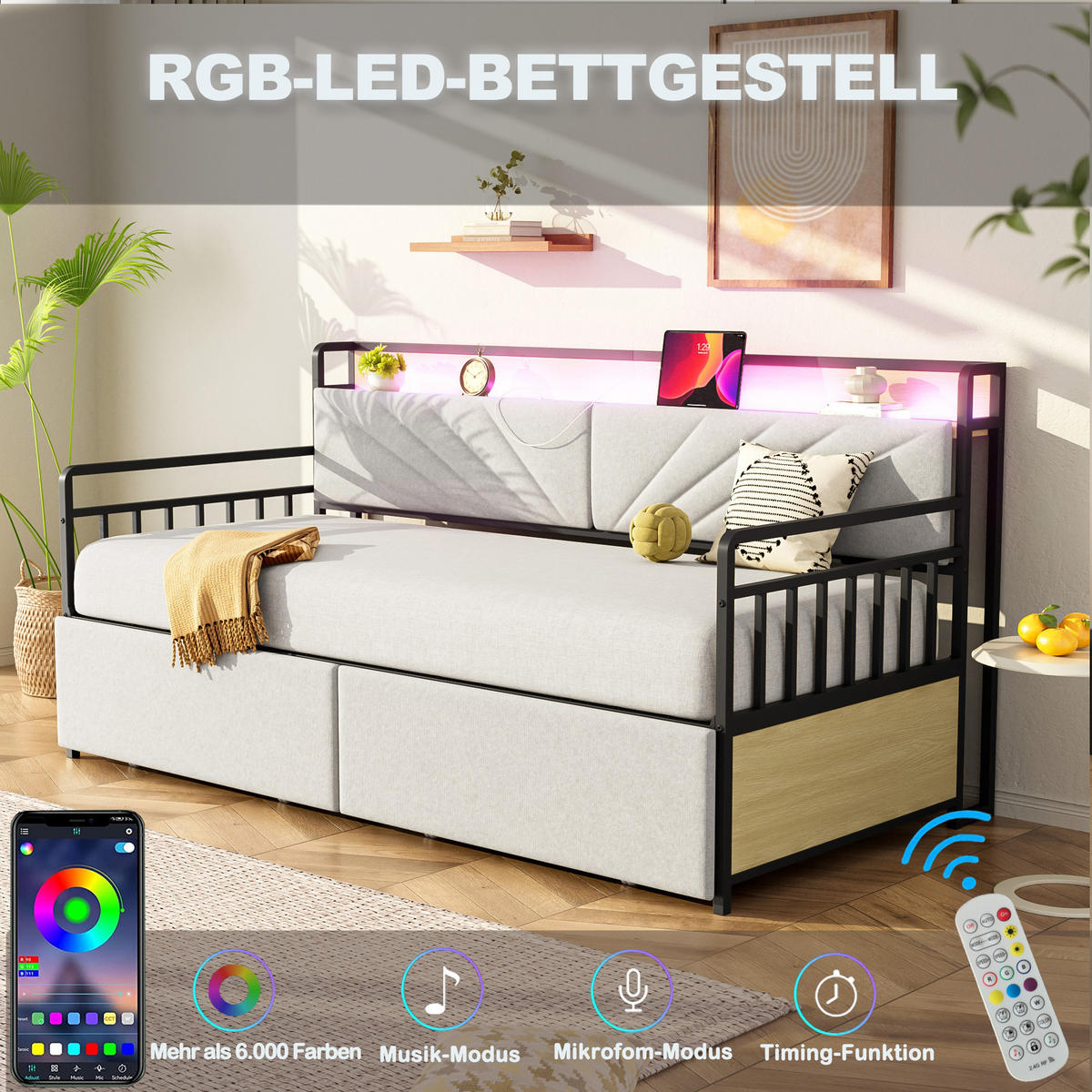 METALLBETT 90x200 cm LED USB beige - Beige, Metall (90/200cm) - LEBENLANG
