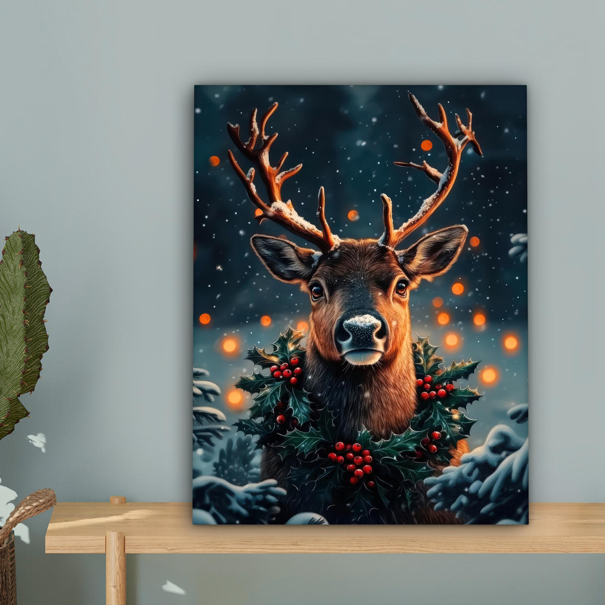 LEINWANDBILD Hirsch - Weihnachten - Winter - Schnee - Weihnachtskranz 30x40 cm - Dunkelbraun, Textil (30/40cm) - MuchoWow