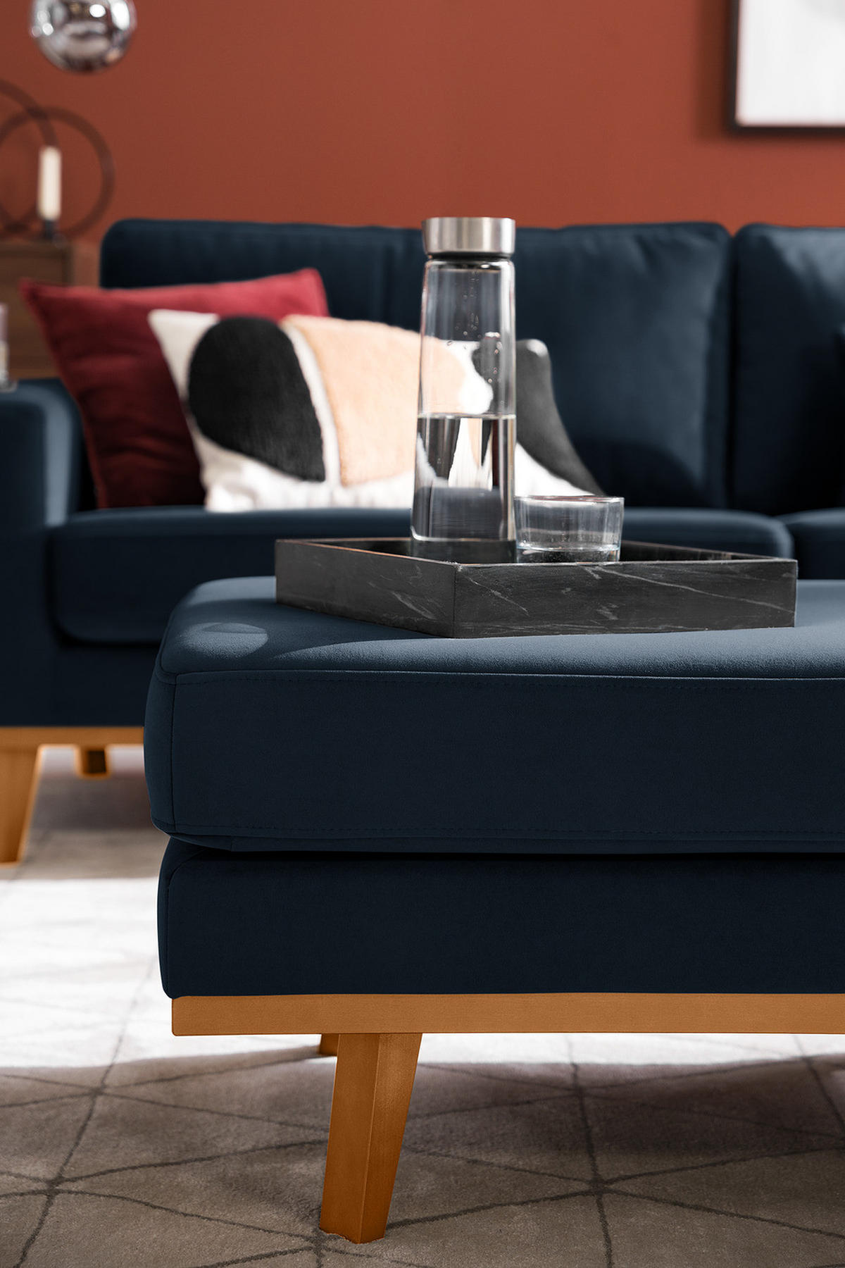 POLSTERHOCKER - Buchefarben/Dunkelblau, Buchenholz/Textil (85/43/60cm) - home24