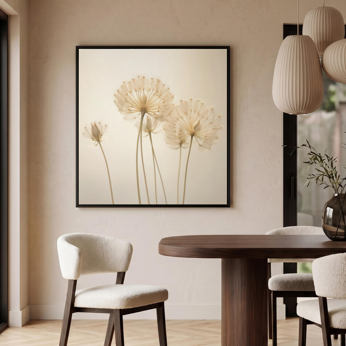 LEINWAND Bilder mit Rahmen - Sonnenlicht - Löwenzahn - Botanisch - Blumen - 90x90 - Creme, Textil (90/90cm) - MuchoWow