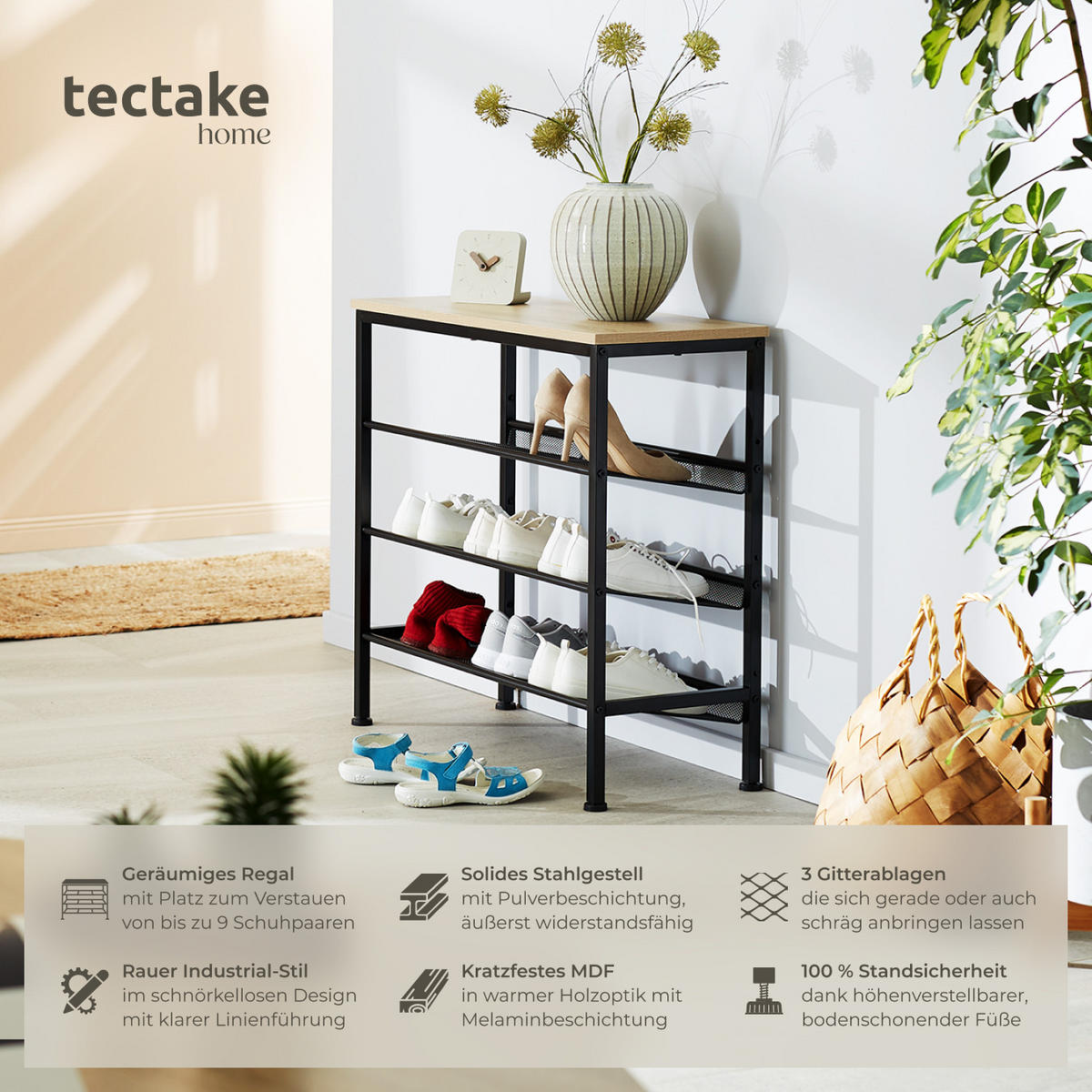 SCHUHREGAL Wolverhampton,75,5 x 30,5 x 69,5 cm,Industrial Holz hell, Eiche Sonoma - Naturfarben, Holz (30.5/69.5/75.5cm) - tectake