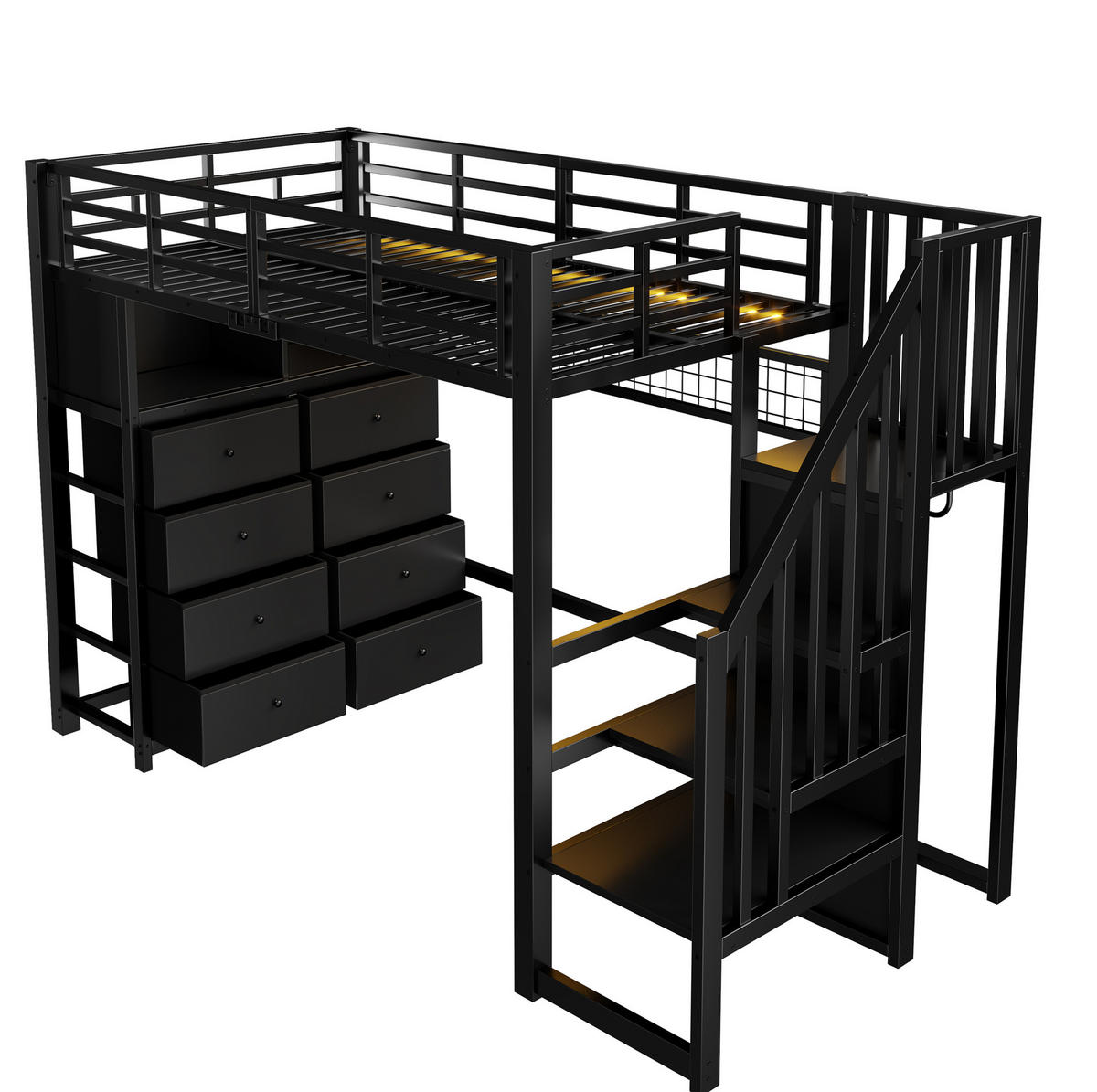 HOCHBETT aus Metall und MDF 90x200 cm Schwarz mit 8 Schubladen, Stauraumtreppe und LED-Beleuchtung - Schwarz, Holzwerkstoff (90/200cm) - IVMEU