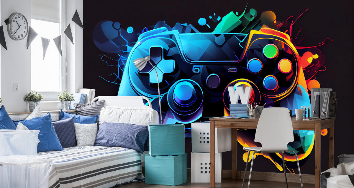 FOTOTAPETE für Jugendzimmer GAMEPAD Abstraktion 270x180cm - Blau/Rot, Papier (270/180cm) - Muralo