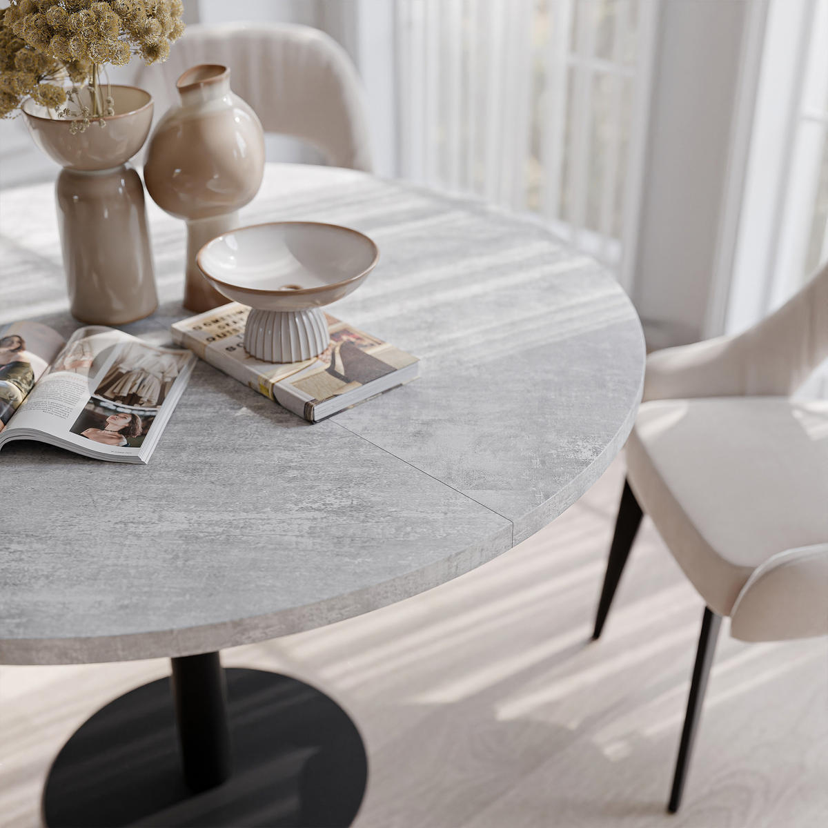 TISCH einbeinig schwarzes Bein, MDF Tischplatte, Bellato Grau - Schwarz/Grau, Holzwerkstoff (100/100/76cm) - Idohome