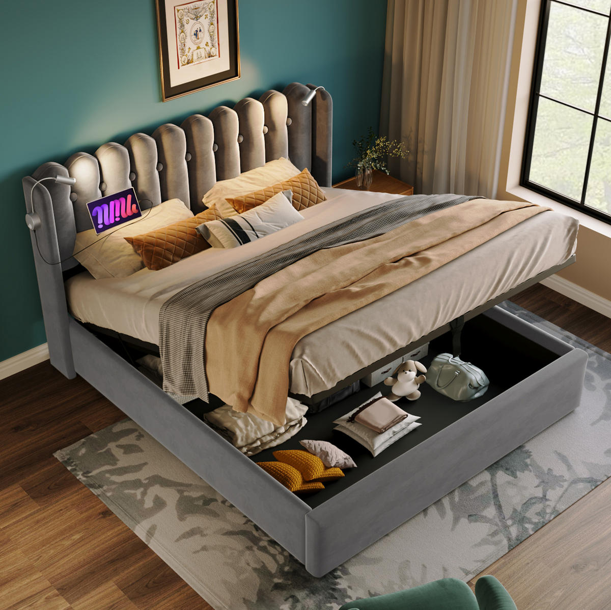 POLSTERBETT 140/200 cm grau mit Leselampe und Ladefunktion Ohne Matratze - Grau, Textil (140/200cm) - OKWISH