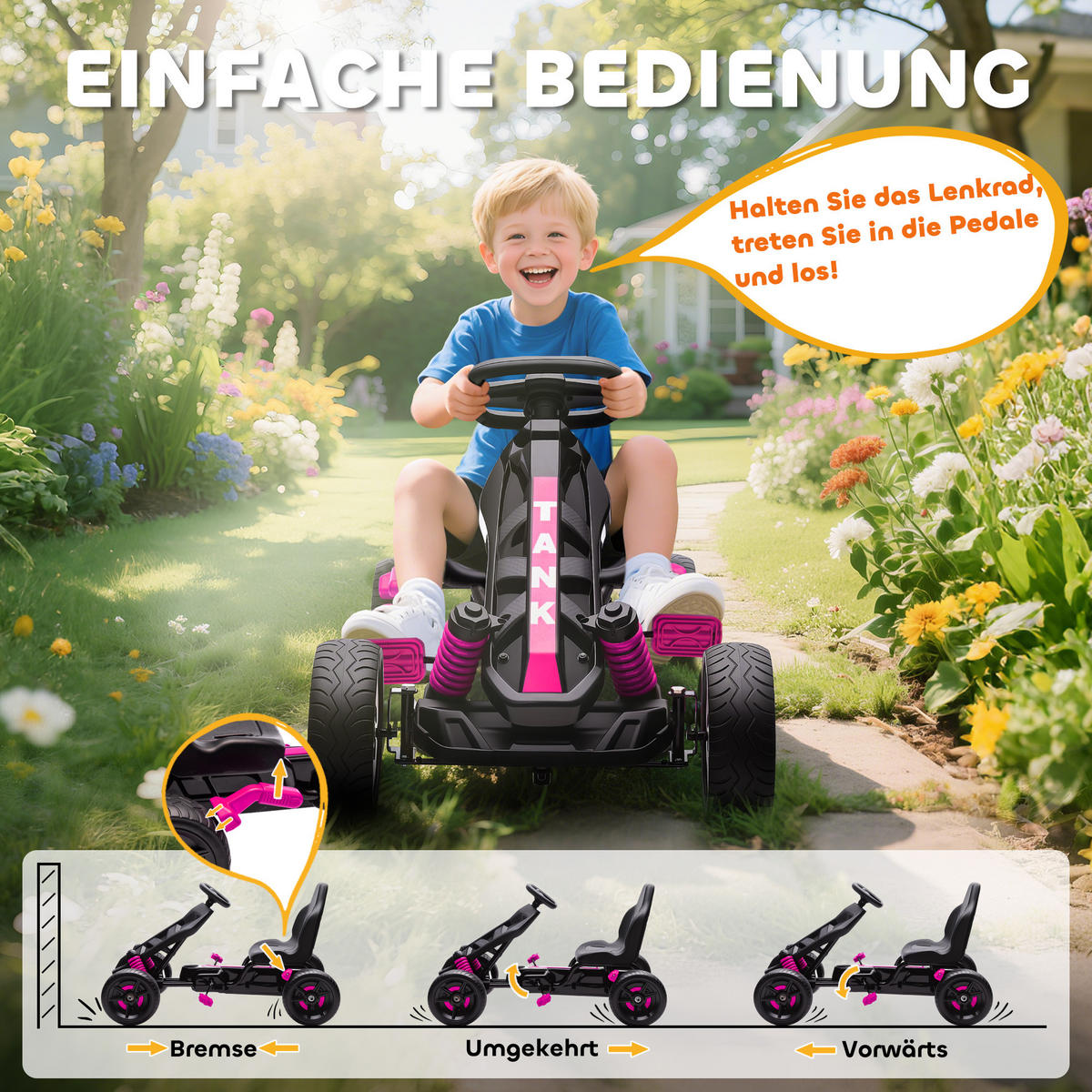 KINDER-GOKART Kunststoff Metall Rosa - Rosa, Kunststoff (100/59/60.5cm) - AIYAPLAY