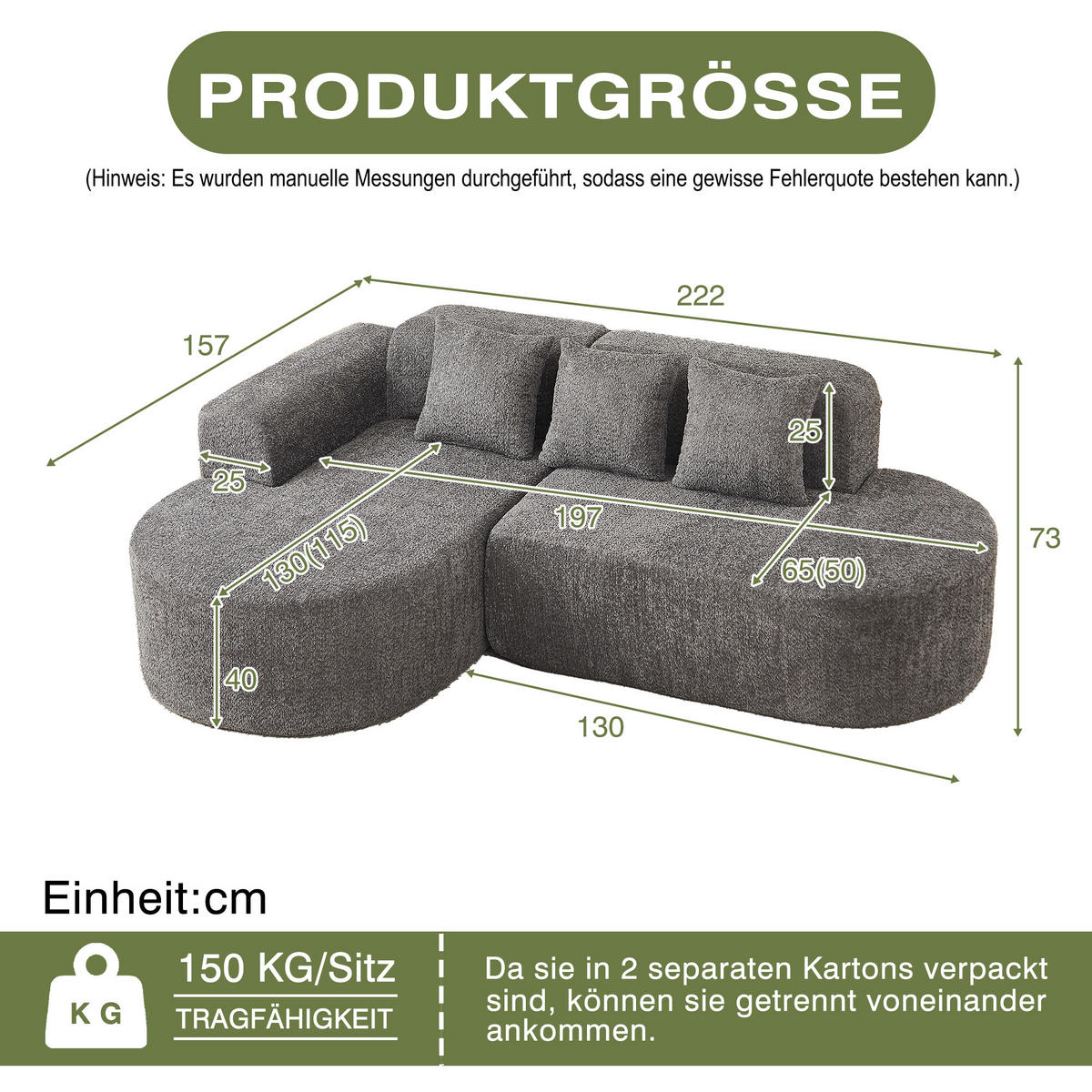ECKSOFA 222/157/73 cm Grau Chenille mit 3 Kissen (Linke Seite) - Anthrazit, Textil (157/222cm) - Oxeza
