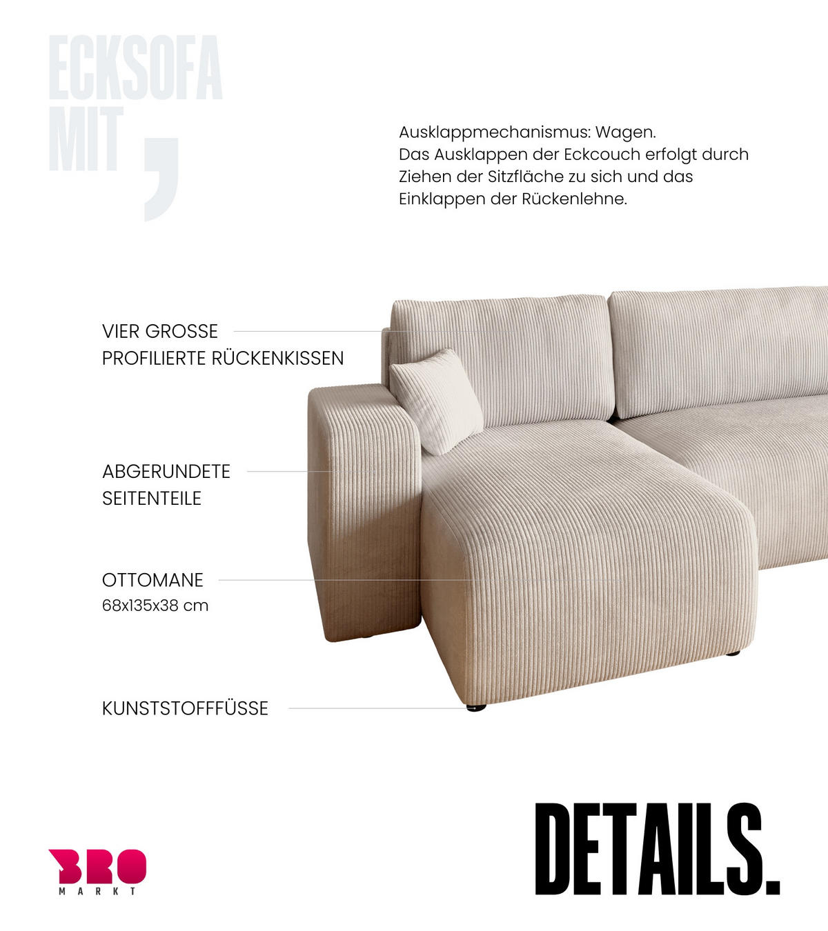 WOHNLANDSCHAFT PUMI mit Schlaffunktion Weiß Cord - Creme, Textil (312/82/148cm) - Bromarkt