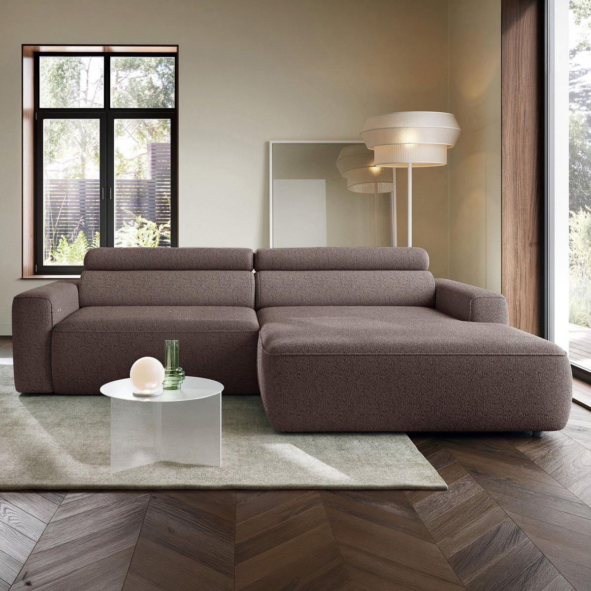 ECKSOFA Fando mit Schlaffunktion, L-Form, 4-Sitzer 252 cm, rechts Flechtstoff Hellbraun - Hellbraun/Schwarz, Holz/Kunststoff (182/252cm) - Selsey