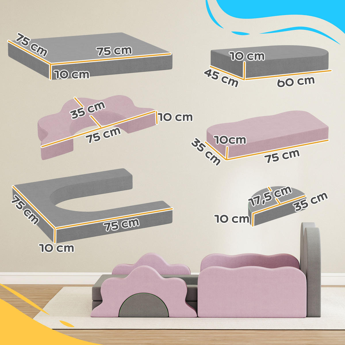SCHAUMSTOFF Bausteine Kinder 12 Stück Klettern Softbausteine mit Bällebad Grau - Grau, Textil (75/75cm) - AIYAPLAY
